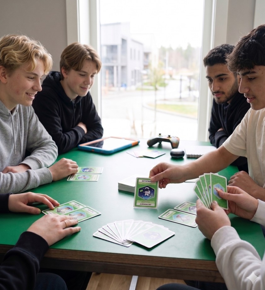 Unga vuxna spelar Skill It tillsammans runt ett bord